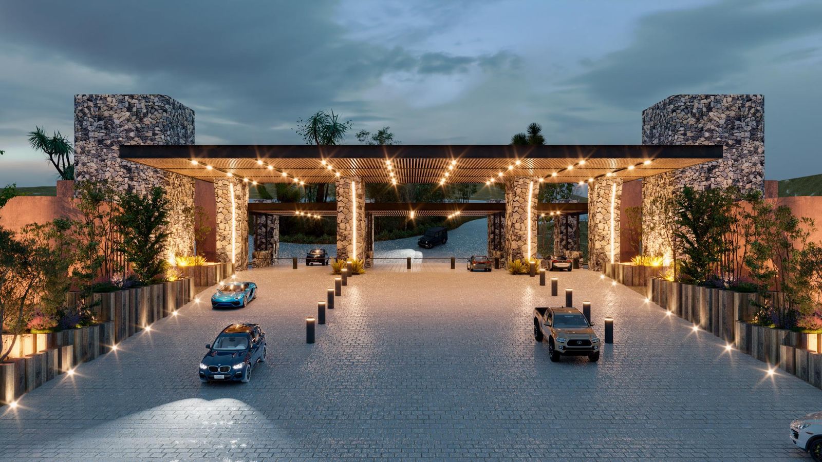 Plaza de acceso con pérgola de madera